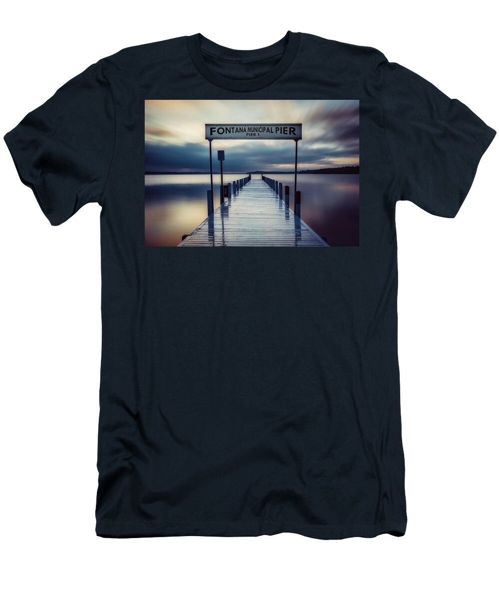 Fontana Sunrise T-Shirt featuring the digital art Pier 1 Reflections by Paulette Marzahl
