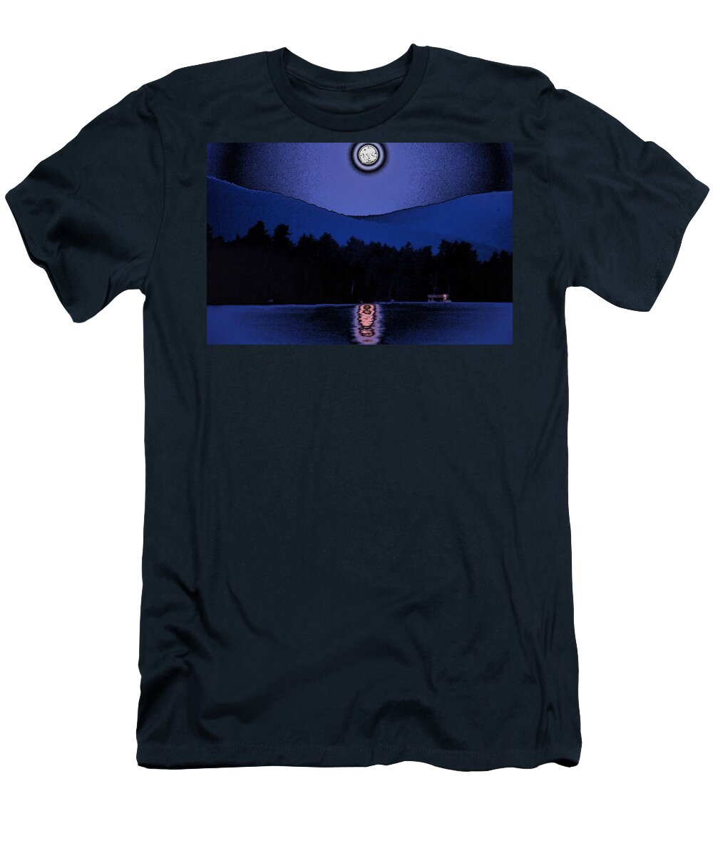 Moon T-Shirt featuring the digital art Polished Moon Over Lake by Russel Considine