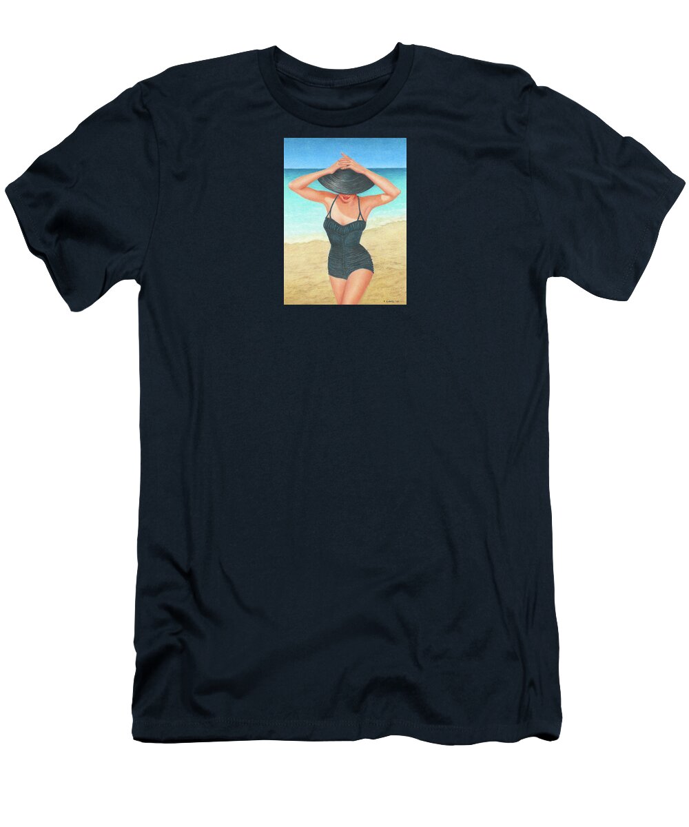 1950's Bathing Suits; Girl In A Black Straw Hat; Strolling On The Beach; Caribbean Beach T-Shirt featuring the painting Retro Bathing Suit by Valerie Evans