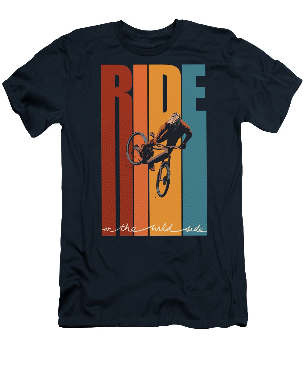 Ride On The Wild Side T-Shirt featuring the painting Ride On The Wild Side Retro Mountain BIke by Sassan Filsoof