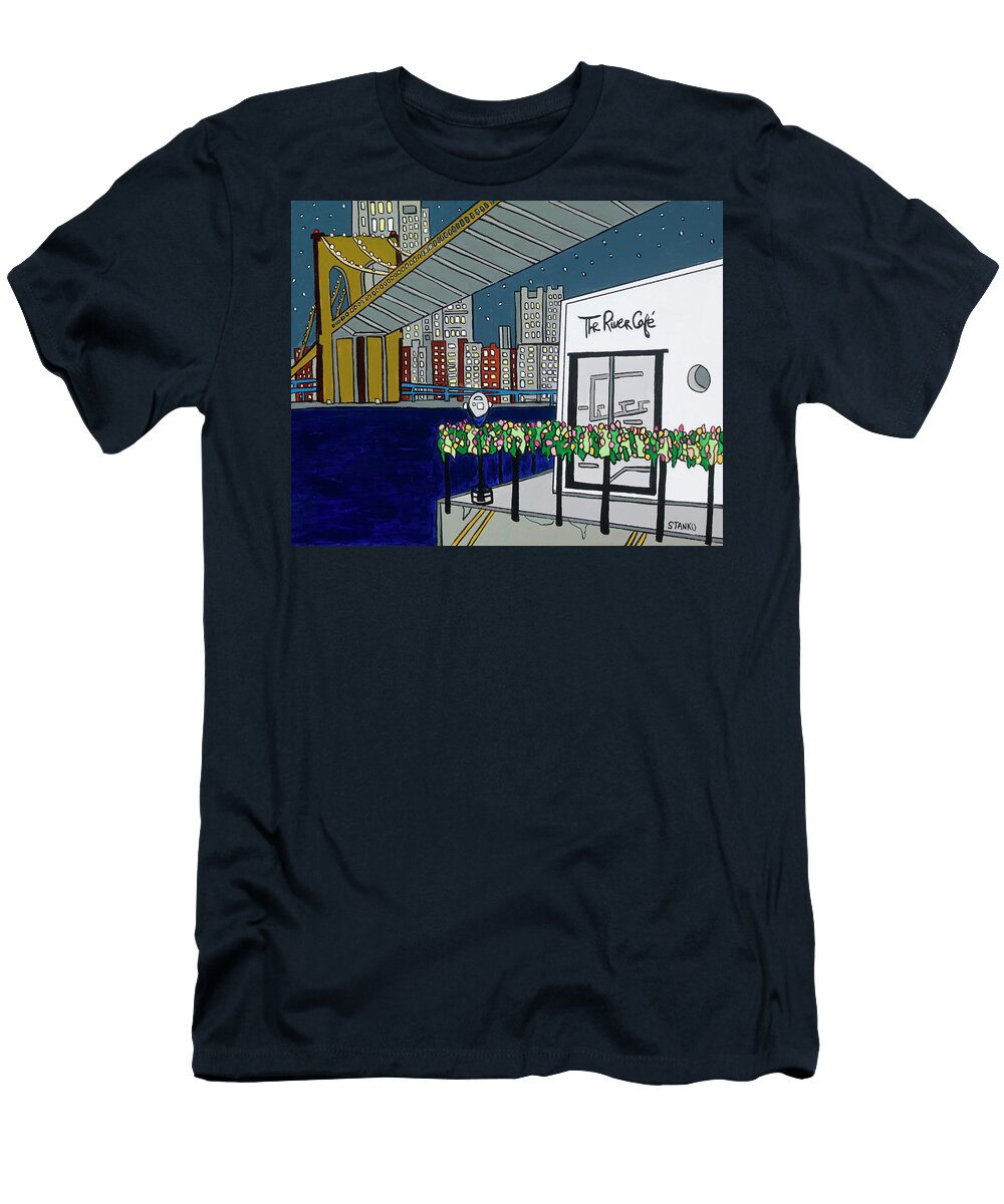 River Cafe Restaurant Brooklyn T-Shirt featuring the painting River Cafe by Mike Stanko