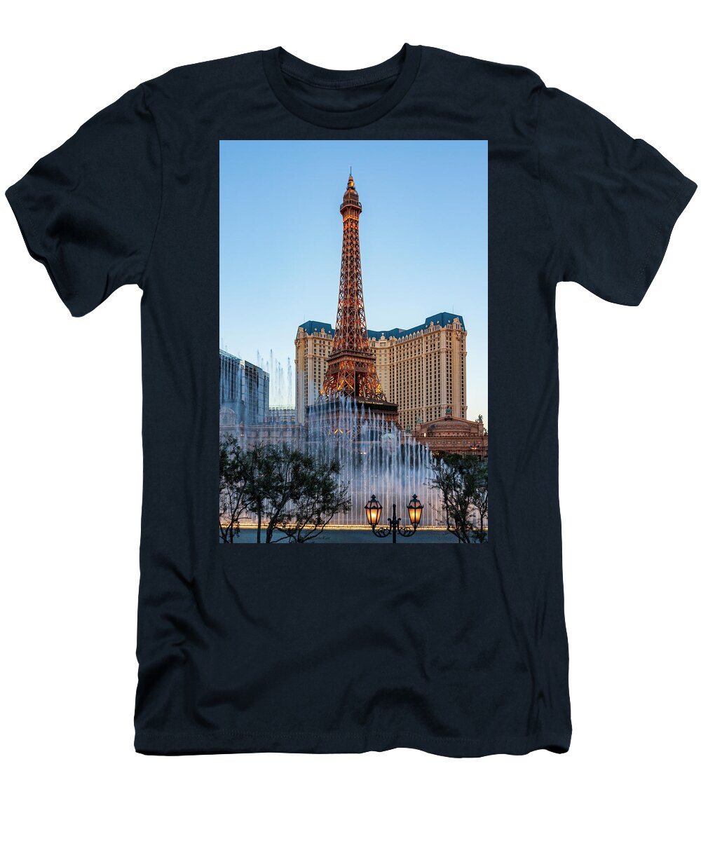 Paris Las Vegas T-Shirt featuring the photograph Romantic Paris Las Vegas at dusk by Tatiana Travelways