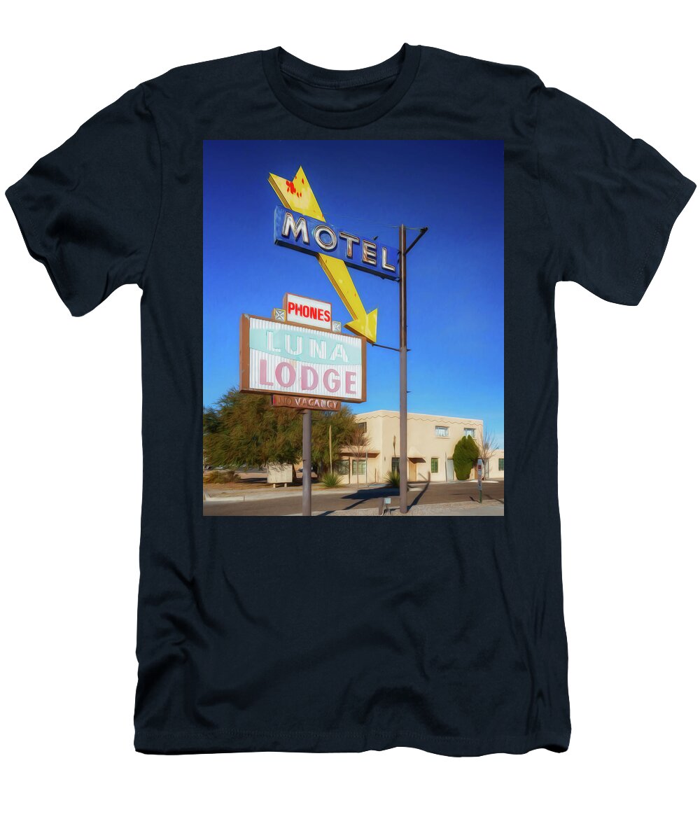 Route 66 T-Shirt featuring the photograph Route 66 - Luna Lodge - Albuquerque by Susan Rissi Tregoning