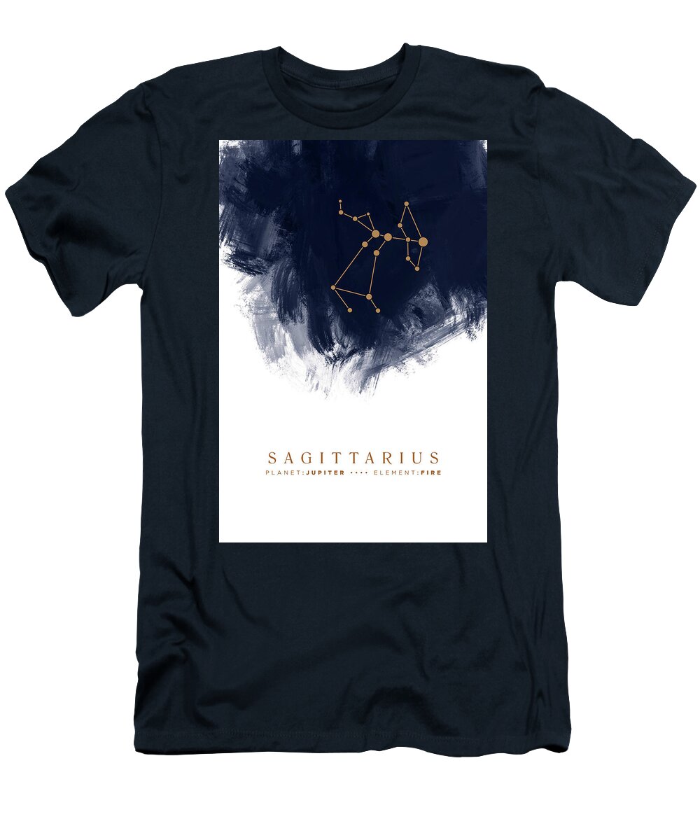 Sagittarius T-Shirt featuring the mixed media Sagittarius Zodiac Sign - Minimal Print - Zodiac, Constellation, Astrology, Good Luck, Sky - Blue by Studio Grafiikka