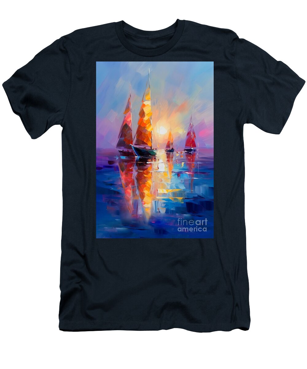 Sailboats T-Shirt featuring the painting Sailboats In A Calm Sunset by Mark Ashkenazi