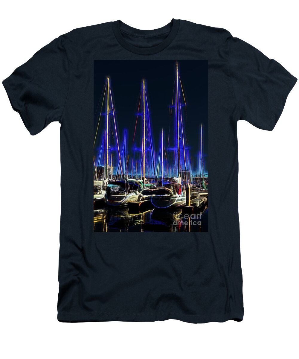 Sailboats T-Shirt featuring the photograph Sailboats in Blue Night Glow with Reflections by Roslyn Wilkins