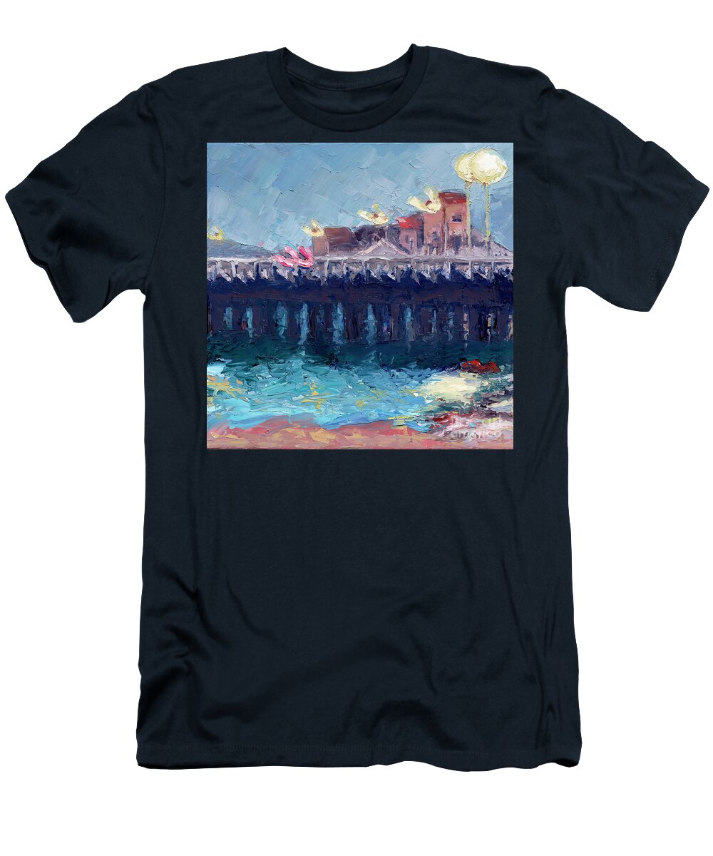 Santa Cruz T-Shirt featuring the painting Santa Cruz Wharf Dusk by PJ Kirk