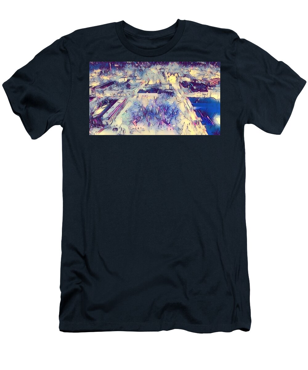 Southwest T-Shirt featuring the digital art Santa Fe Christmas Lights by Aerial Santa Fe