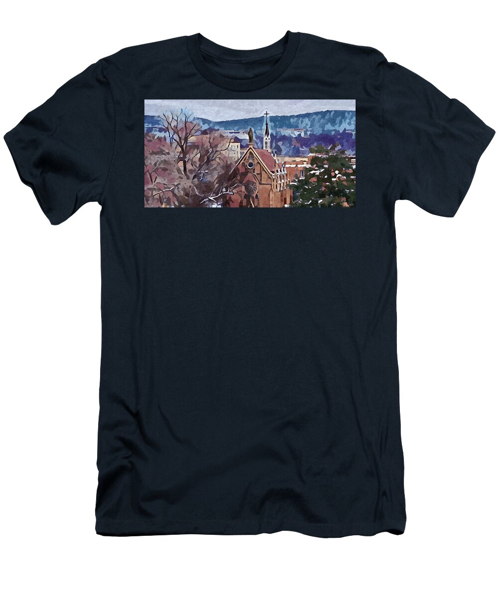 Southwest T-Shirt featuring the digital art Santa Fe Loretto Chapel by Aerial Santa Fe