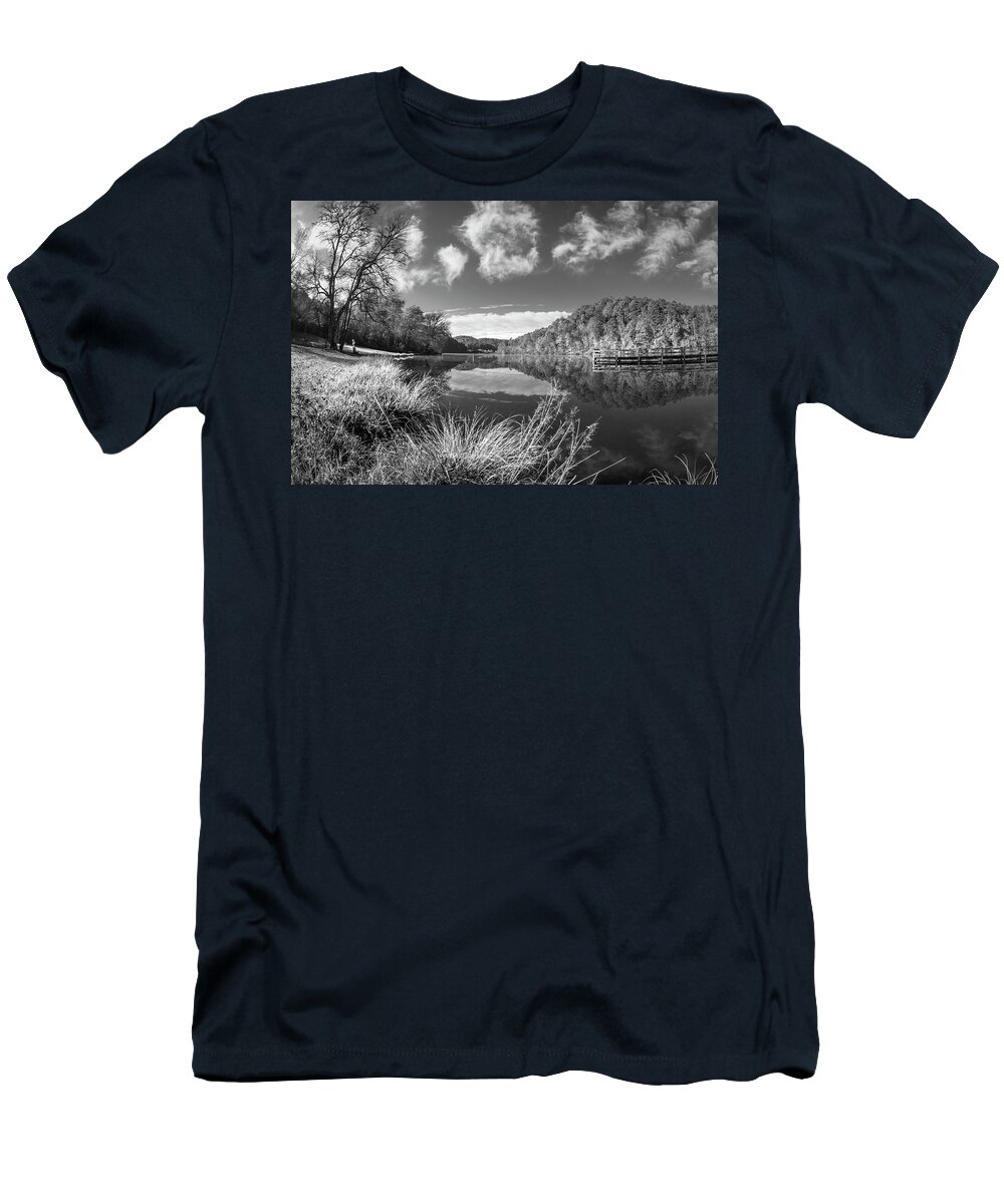 Carolina T-Shirt featuring the photograph Silver Grasses at the Docks Black and White by Debra and Dave Vanderlaan