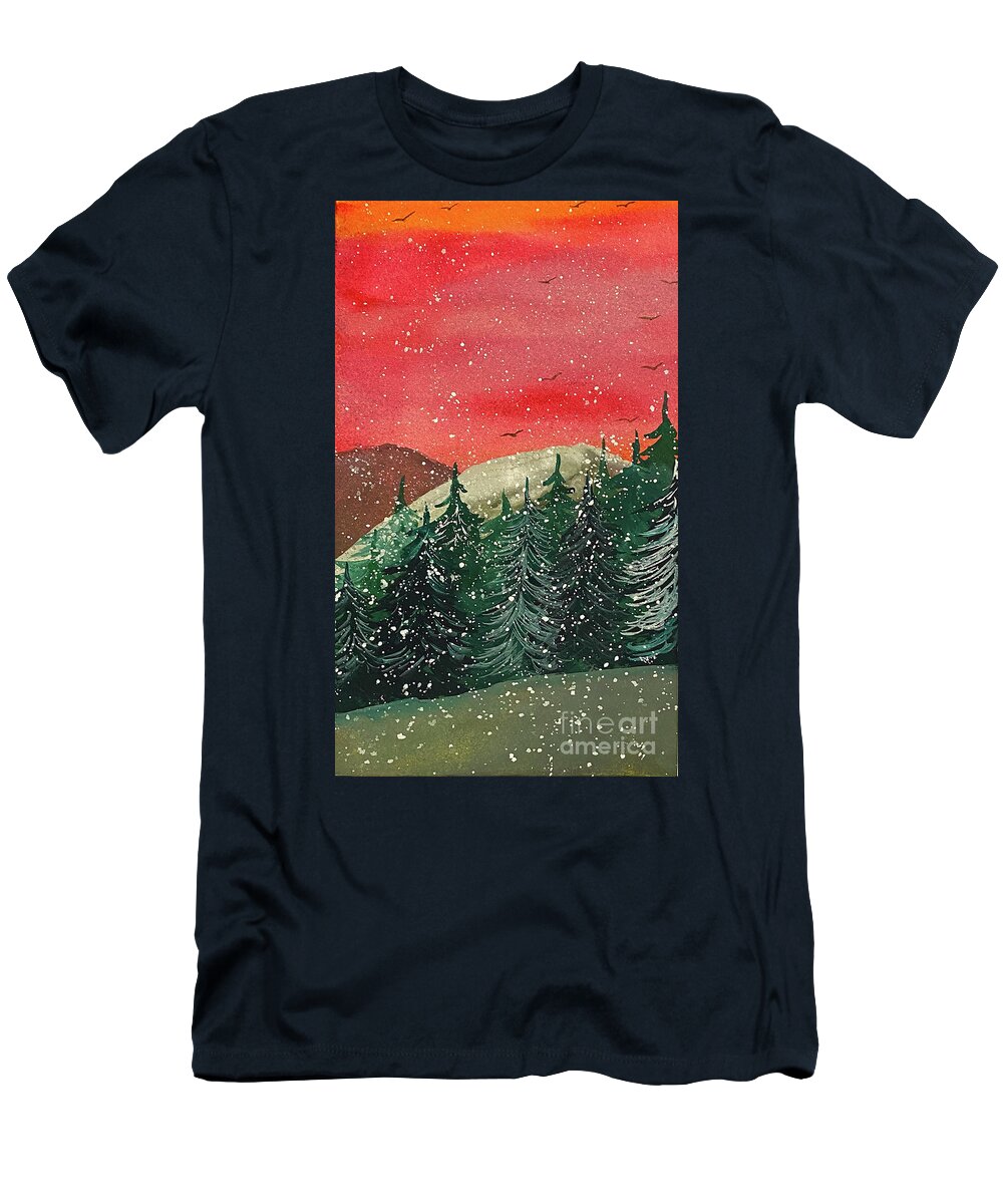 Snowy T-Shirt featuring the painting Snowy Sunset by Lisa Neuman