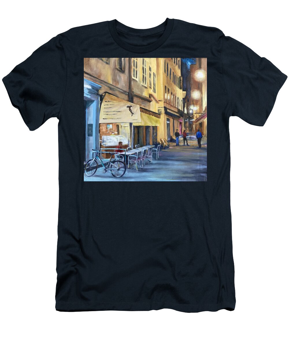 Europe T-Shirt featuring the painting Stragglers at Closing Time by Connie Schaertl