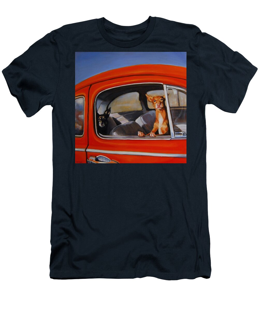 Dogs T-Shirt featuring the painting If We're Such Good Boys Why Did You Leave Us In The Car by Jean Cormier
