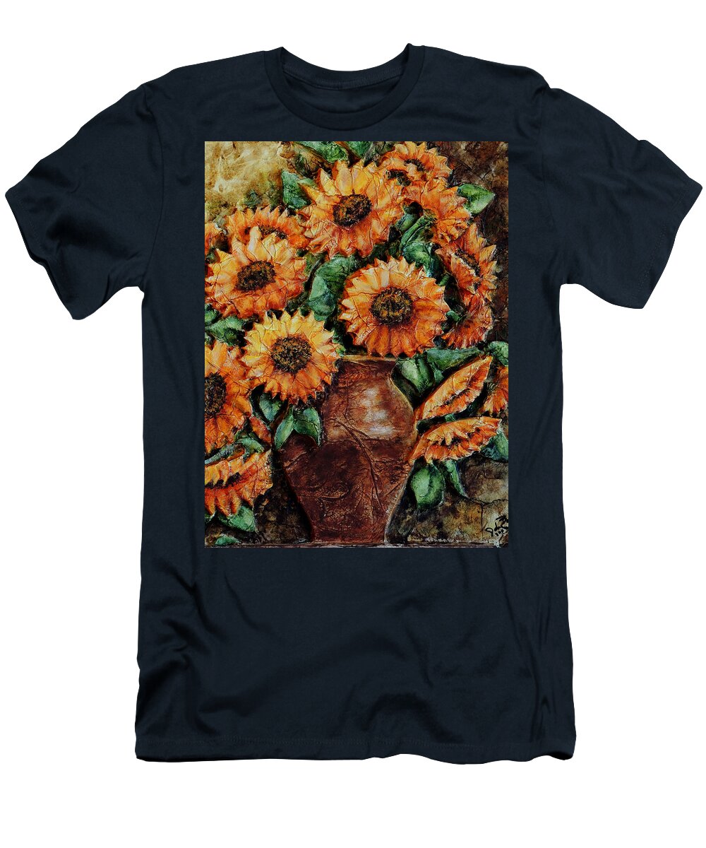 Sunflower Acrylic Painting Vase Flowers Floral Still Life T-Shirt featuring the painting Sunflowers by John Bohn