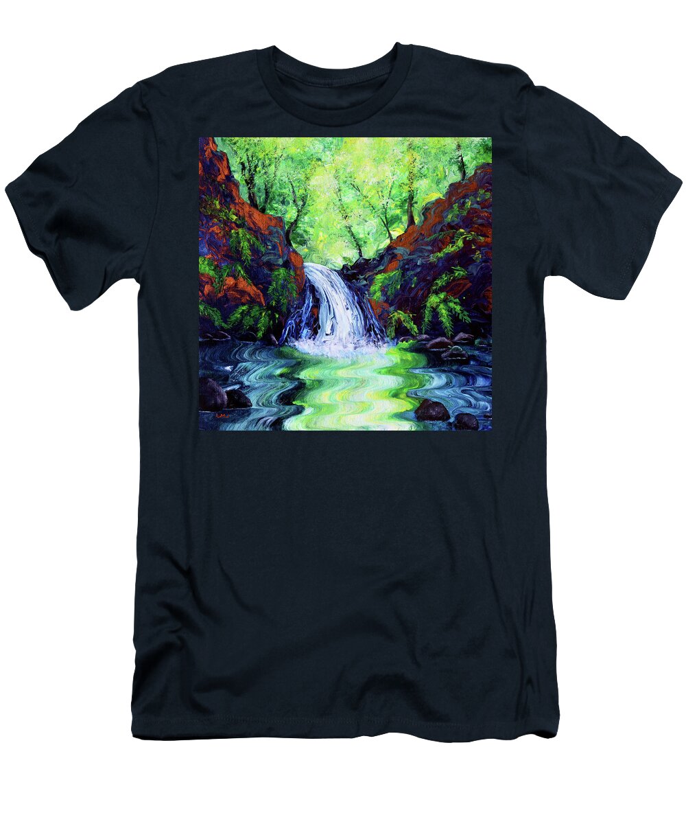 Waterfall T-Shirt featuring the painting Sunny St. Patrick's Day at a Waterfall by Laura Iverson