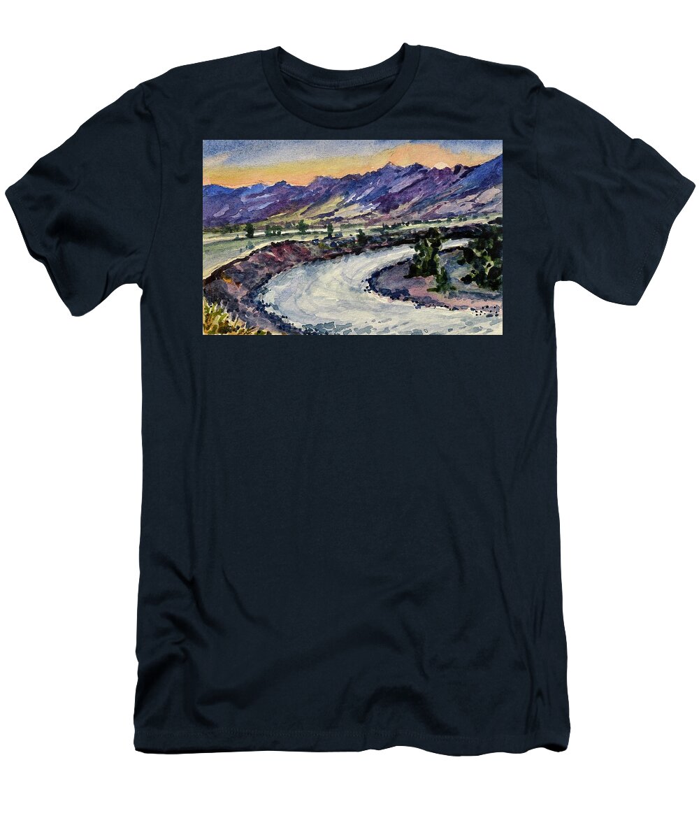 Yellowstone River T-Shirt featuring the painting Sunset on the Yellowstone by Les Herman