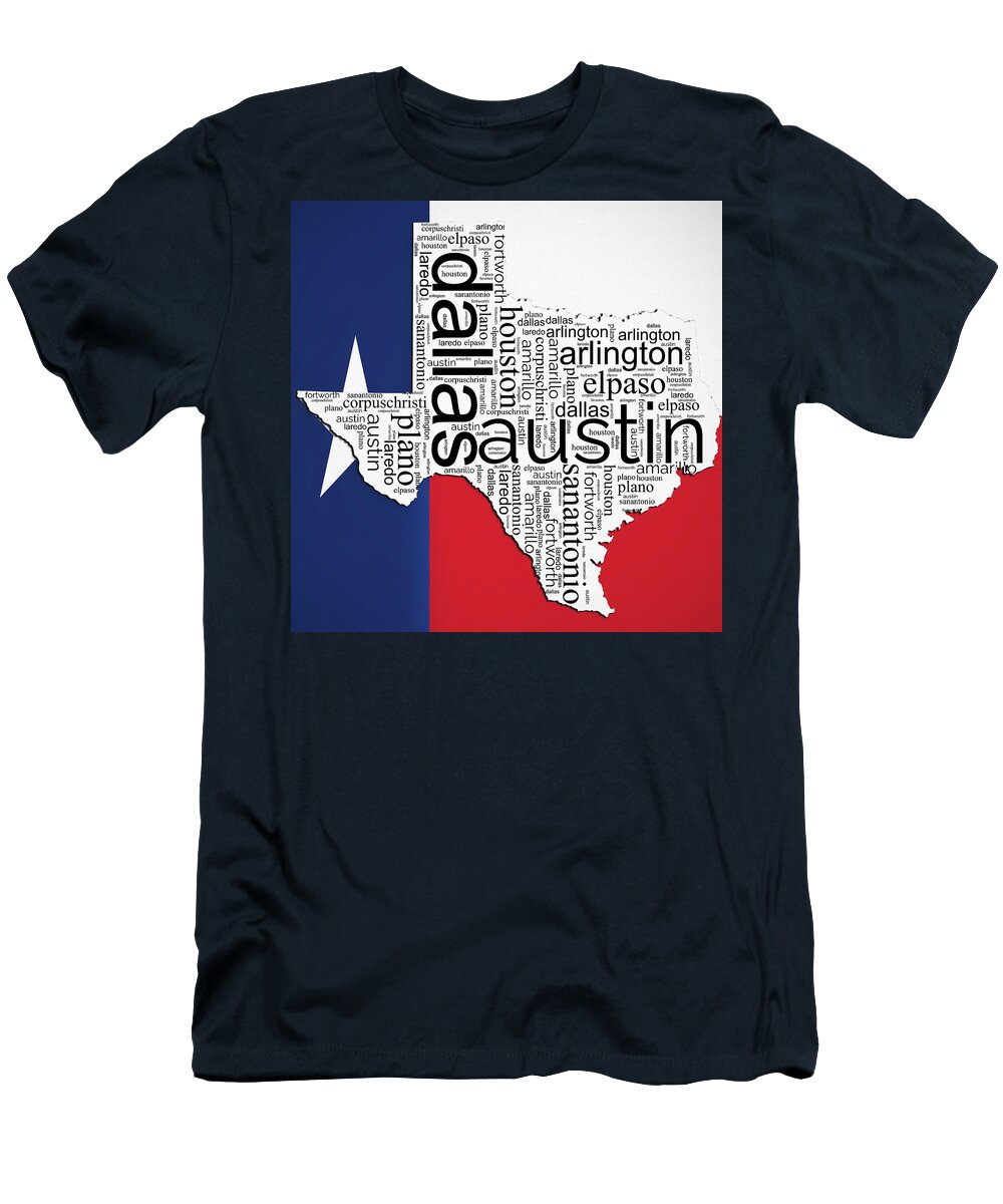 Texas Typography Map Red And Blue T-Shirt featuring the mixed media Texas Typography Map On Texas Flag by Dan Sproul