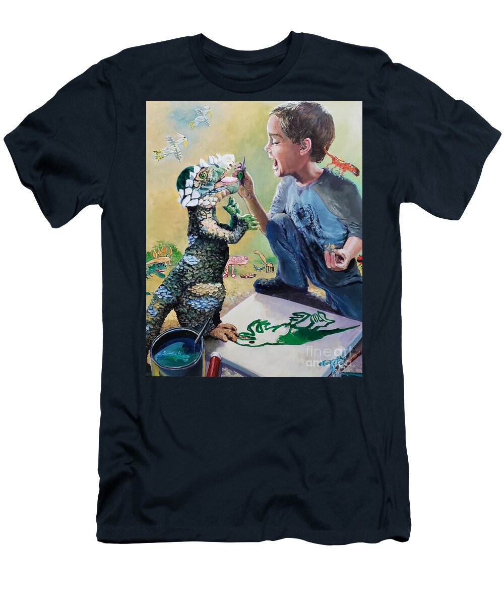 Boy T-Shirt featuring the painting The Age of Dinosaurs by Merana Cadorette
