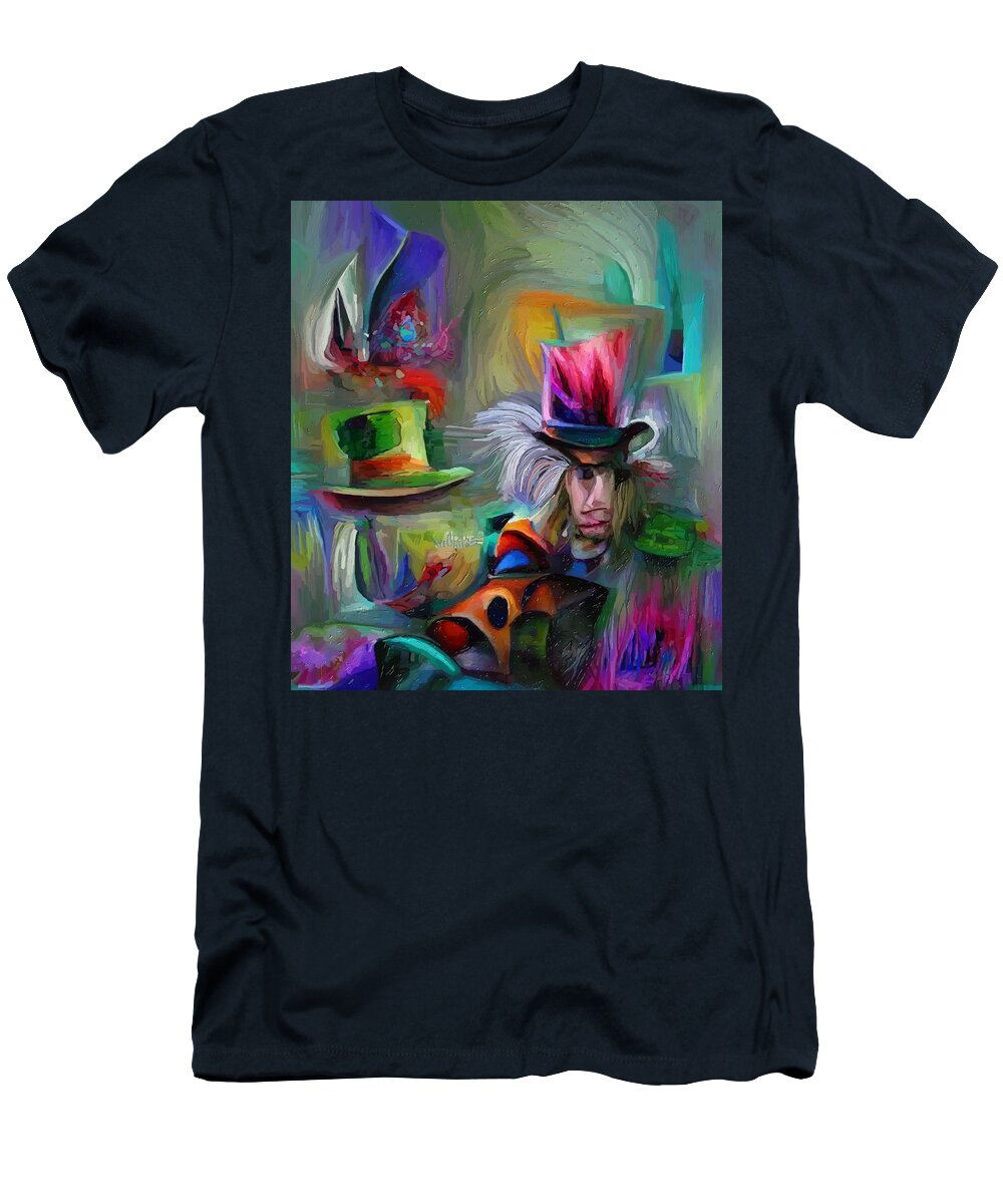 Mad Hatter T-Shirt featuring the mixed media The Mad Hatters Workshop by Ann Leech