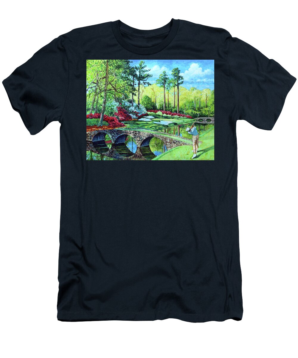 Golf T-Shirt featuring the painting The Masters Hole 12 by John Lautermilch