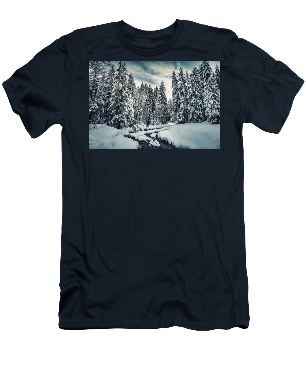 Natural Beauty T-Shirt featuring the photograph The Natural Path - River Through the Snowy Forest by Benoit Bruchez