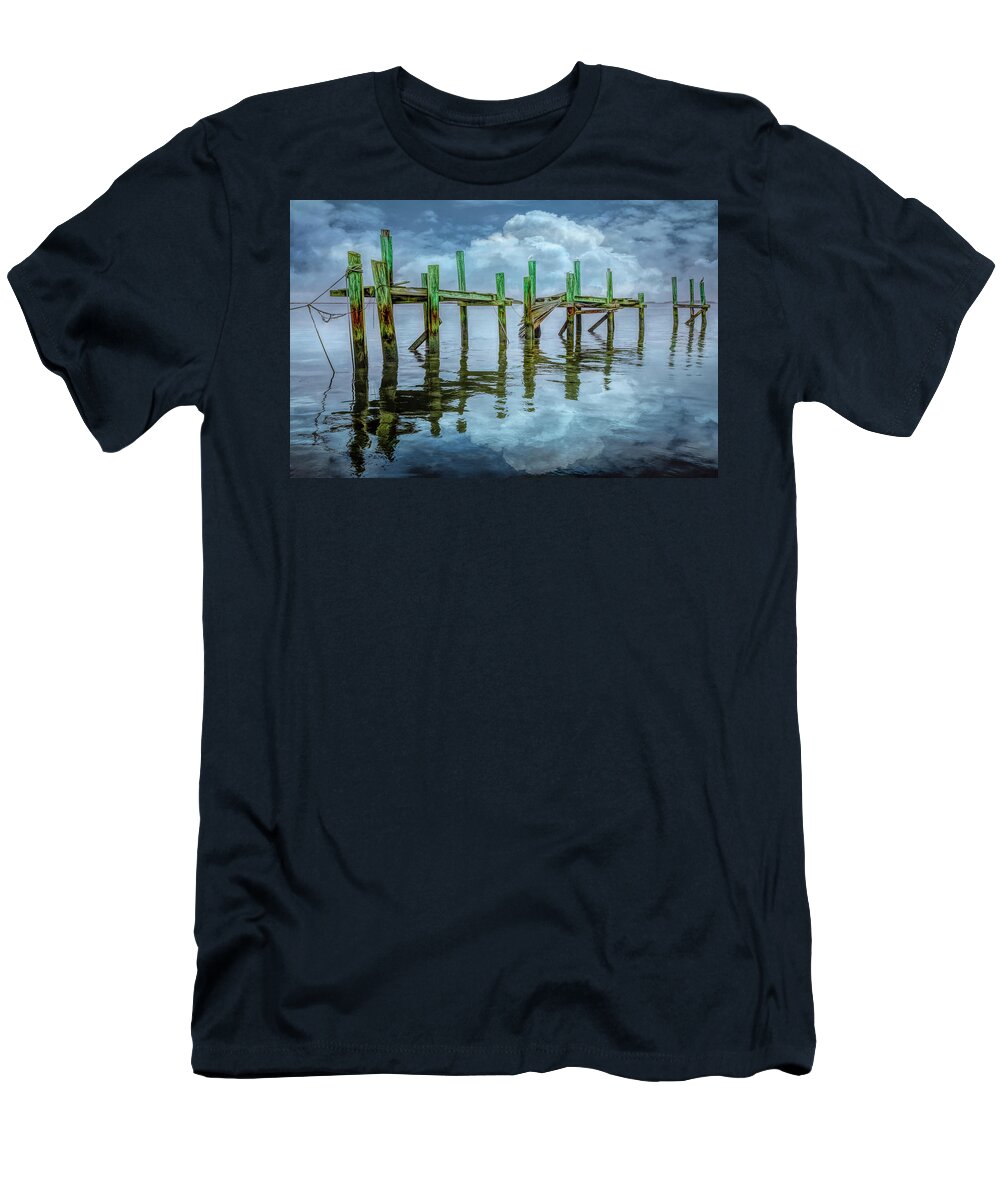 Boats T-Shirt featuring the photograph The Old Wooden Docks in the Fog and Clouds by Debra and Dave Vanderlaan