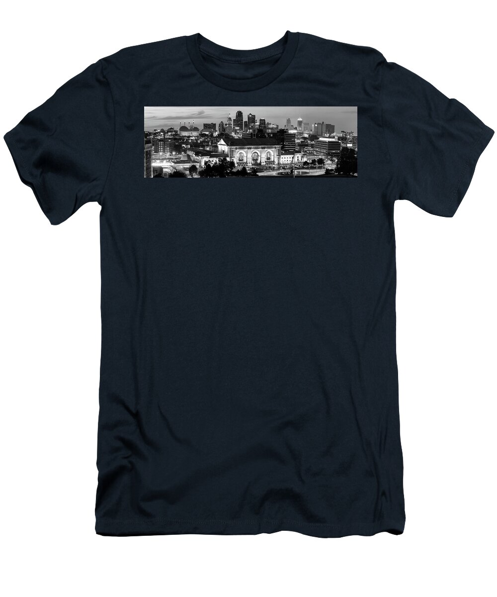Kansas City T-Shirt featuring the photograph The Panoramic Skyline of Kansas City And Union Station At Dusk - Black and White by Gregory Ballos