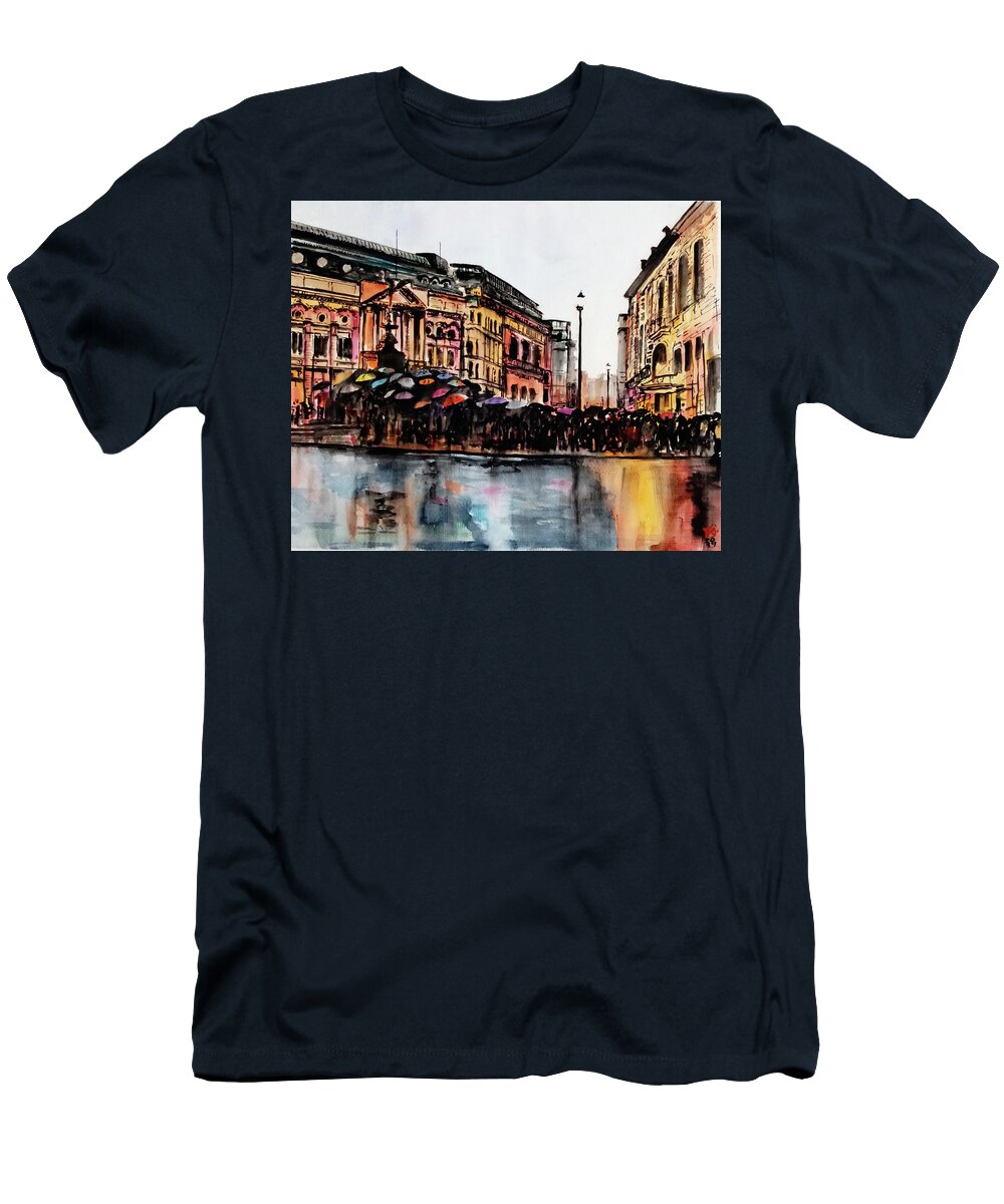  T-Shirt featuring the painting The Protest Under Raining in Piccadilly Circus London UK by Francisco Gutierrez