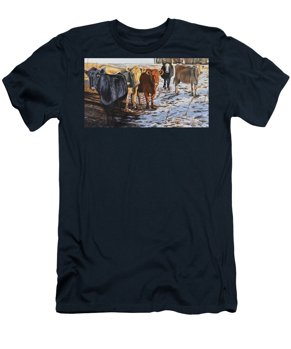 Cows T-Shirt featuring the painting The Stare Down by Marilyn McNish