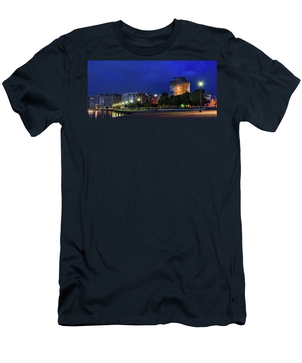 White Tower T-Shirt featuring the photograph The White Tower of Thessaloniki night view by Alexios Ntounas