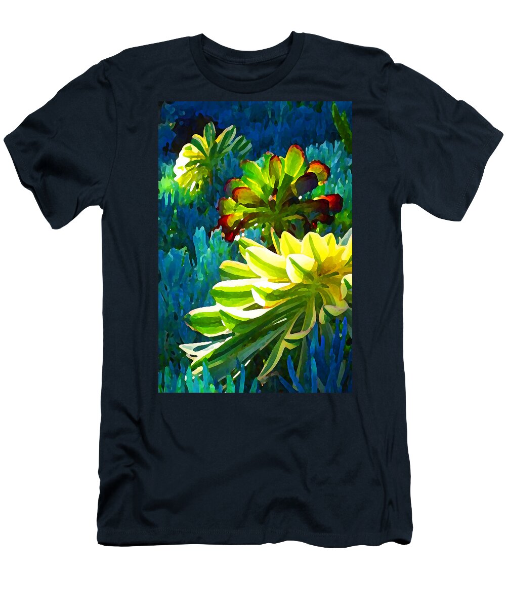 Succulent T-Shirt featuring the painting Three Succulents on Blue by Amy Vangsgard
