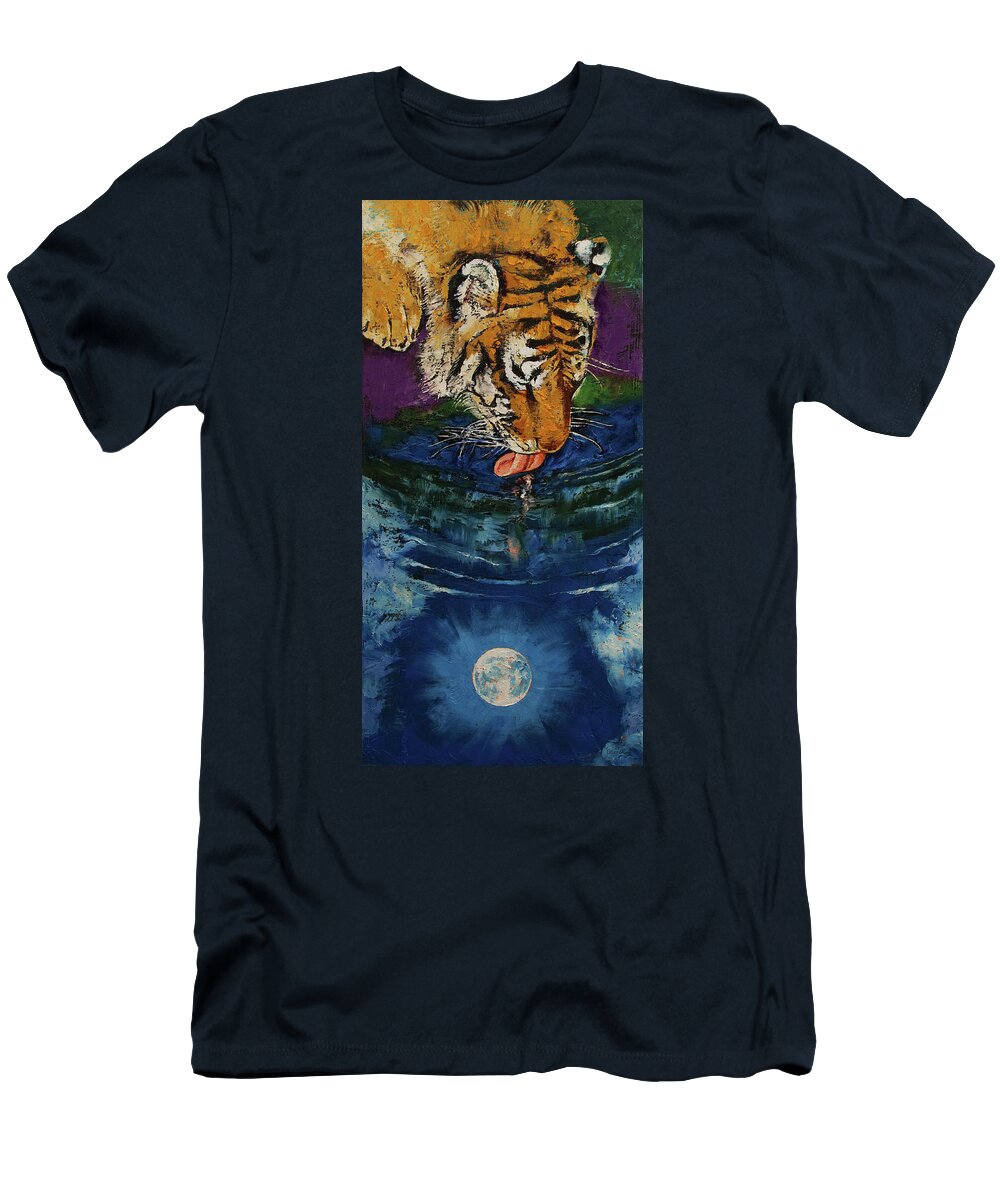 Tiger T-Shirt featuring the painting Tiger Drinking from the Moon by Michael Creese