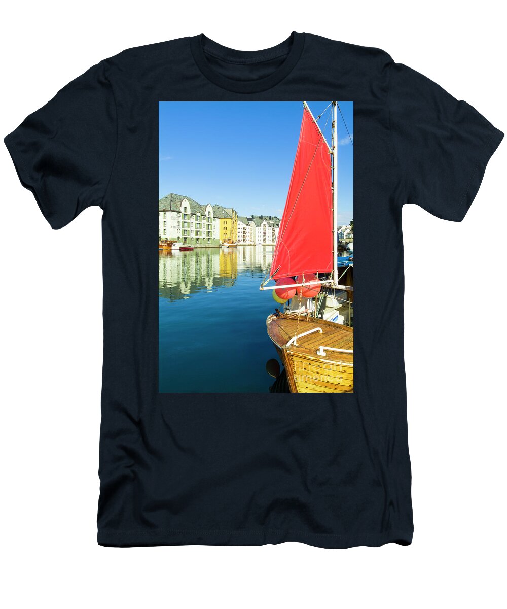 Alesund T-Shirt featuring the photograph Red sail on a Traditional fishing boat, Alesund, Norway by Neale And Judith Clark