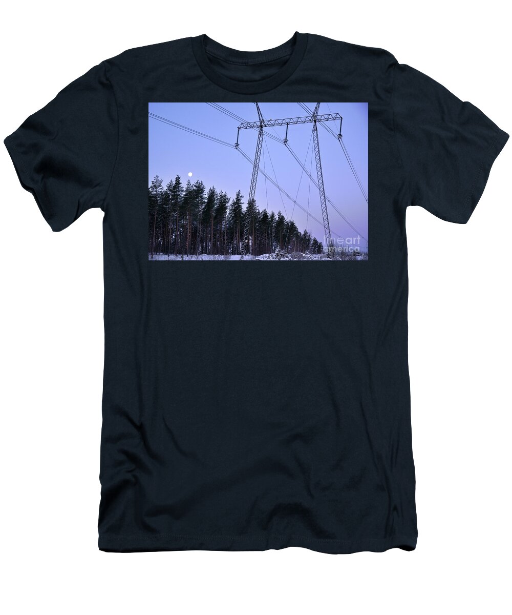 Power Line T-Shirt featuring the photograph Transmission of electricity 3 by Esko Lindell