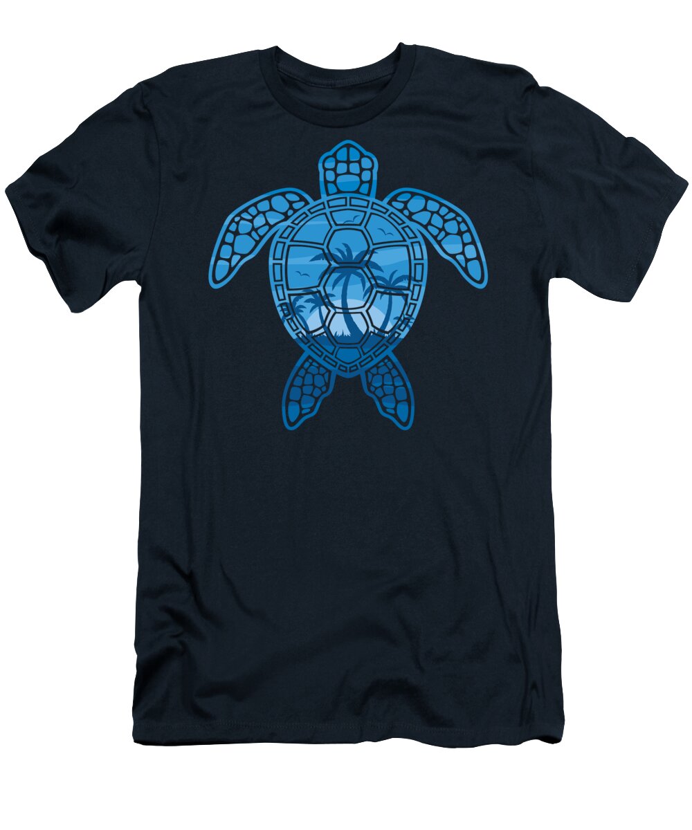 Blue T-Shirt featuring the digital art Tropical Island Sea Turtle Design in Blue by John Schwegel
