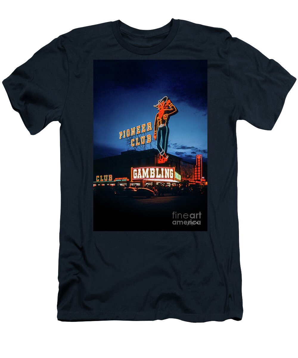 Vegas Vic T-Shirt featuring the photograph Vegas Vic Pioneer Club Casino 1950's at Dusk Full by Aloha Art