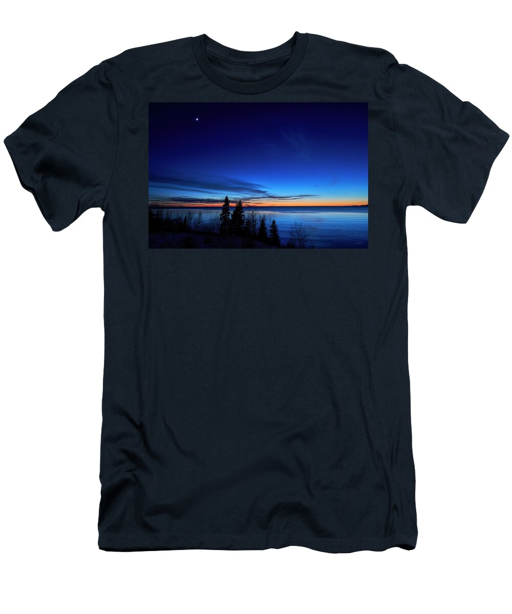 Environment Water Shore Frozen Blue Colorful Wilderness Sunset Light Shoreline Rocky Scenic Ice Cold Terrain Icy Vibrant Natural Close Up Canada T-Shirt featuring the photograph Velvet Horizons by Doug Gibbons