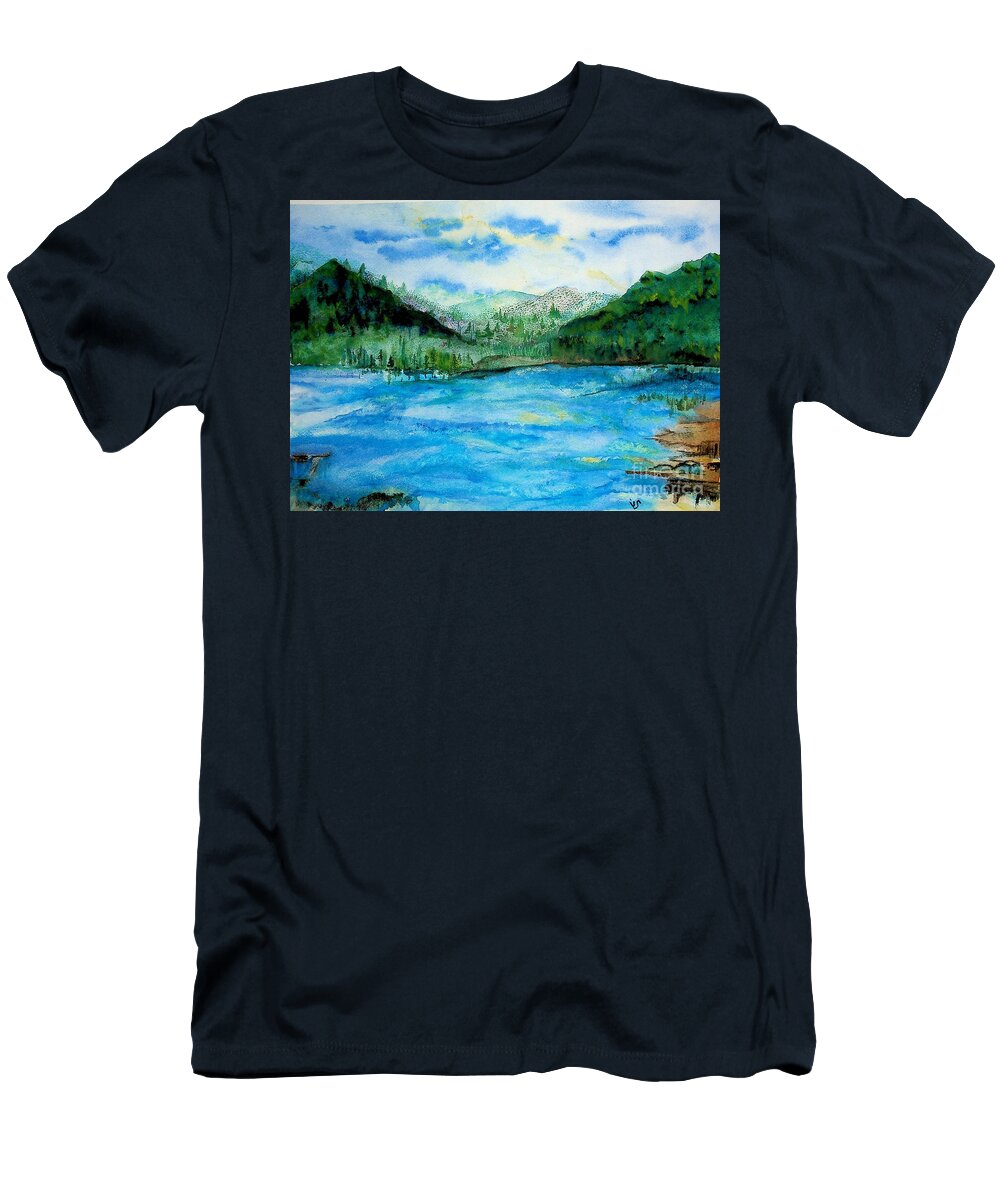 River T-Shirt featuring the painting Watercolor Landscape river and hills by Valerie Shaffer