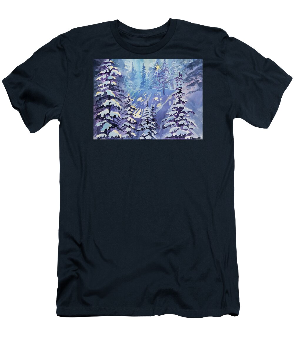 Winter T-Shirt featuring the painting Watercolor - Winter Snowy Forest with Sunburst by Cascade Colors