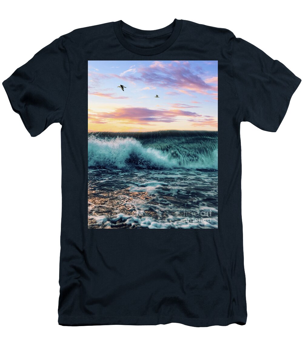 Seagulls T-Shirt featuring the digital art Waves Crashing At Sunset by Phil Perkins