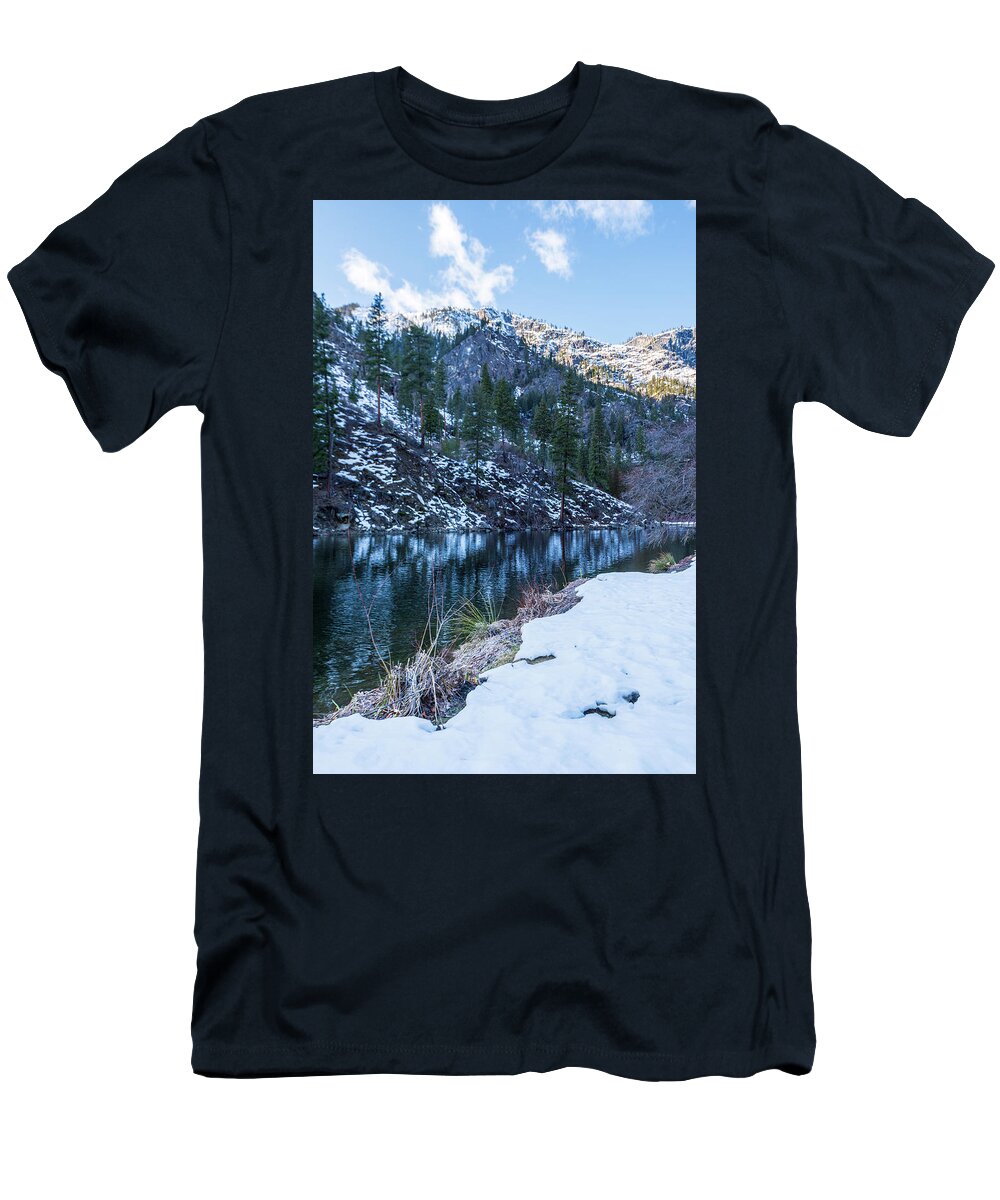 Outdoor; Winter; Tumwater Canyon; Snow; Mountains; Reflections; Snowshoeing; Tree; Leavenworth; Highway 2; Pacific North West T-Shirt featuring the digital art Winter Tumwater Canyon by Michael Lee