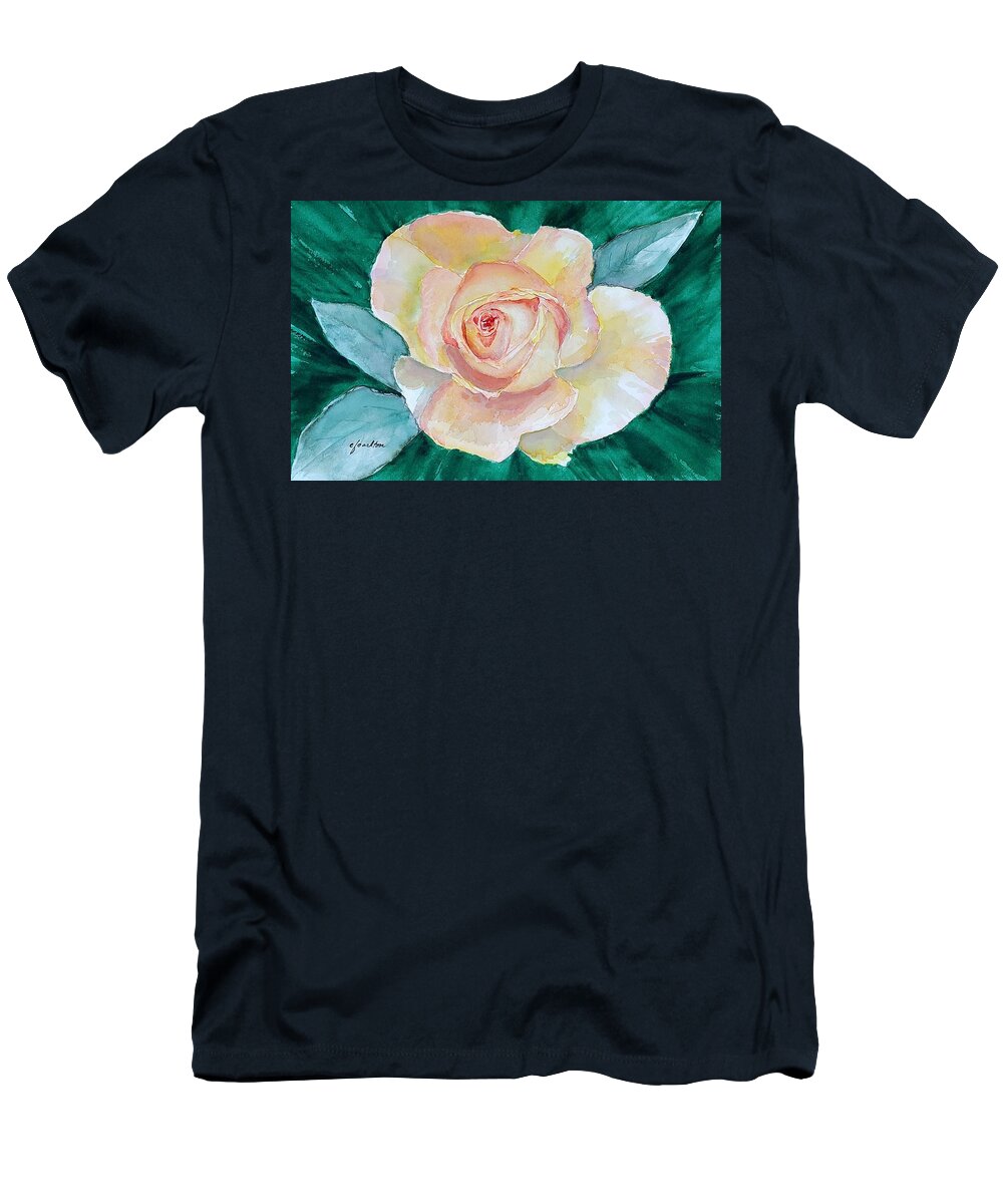 Yellow T-Shirt featuring the painting Yellow-Pink Rose - Watercolor by Claudette Carlton