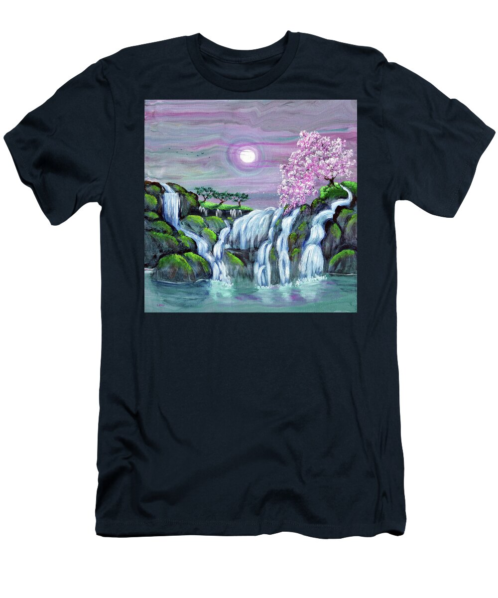 Waterfall T-Shirt featuring the painting Zen Waterfalls Meditation by Laura Iverson