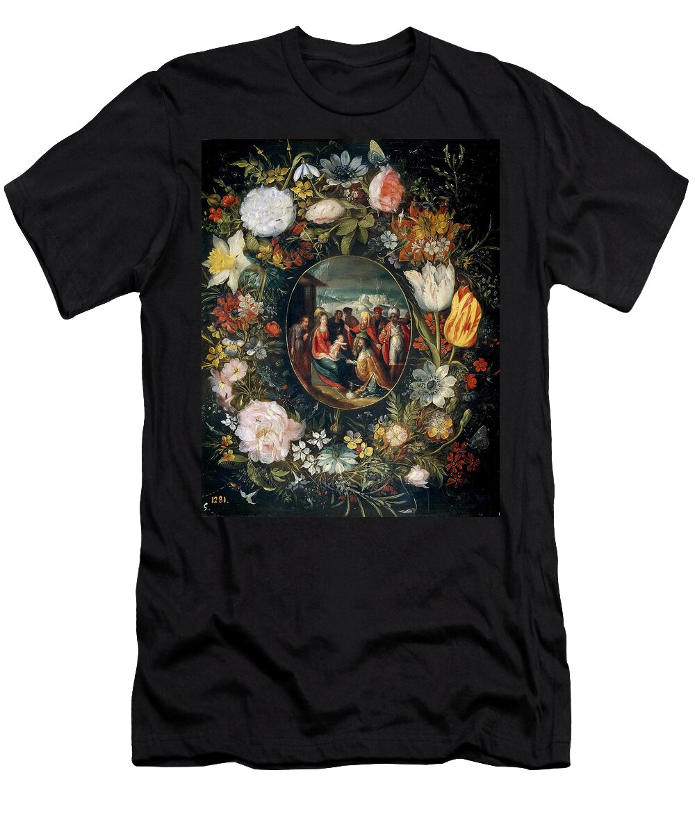 Pieter Brueghel The Younger T-Shirt featuring the painting Flower garland with Adoration of the Magi by Pieter Brueghel the Younger