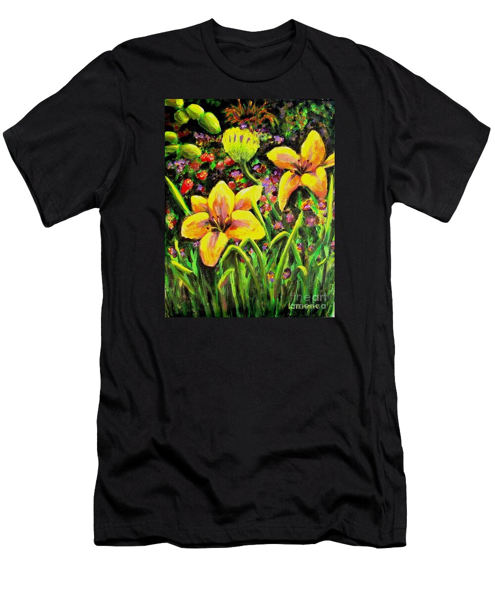 Lily T-Shirt featuring the painting Cups of Gold by Laurie Morgan
