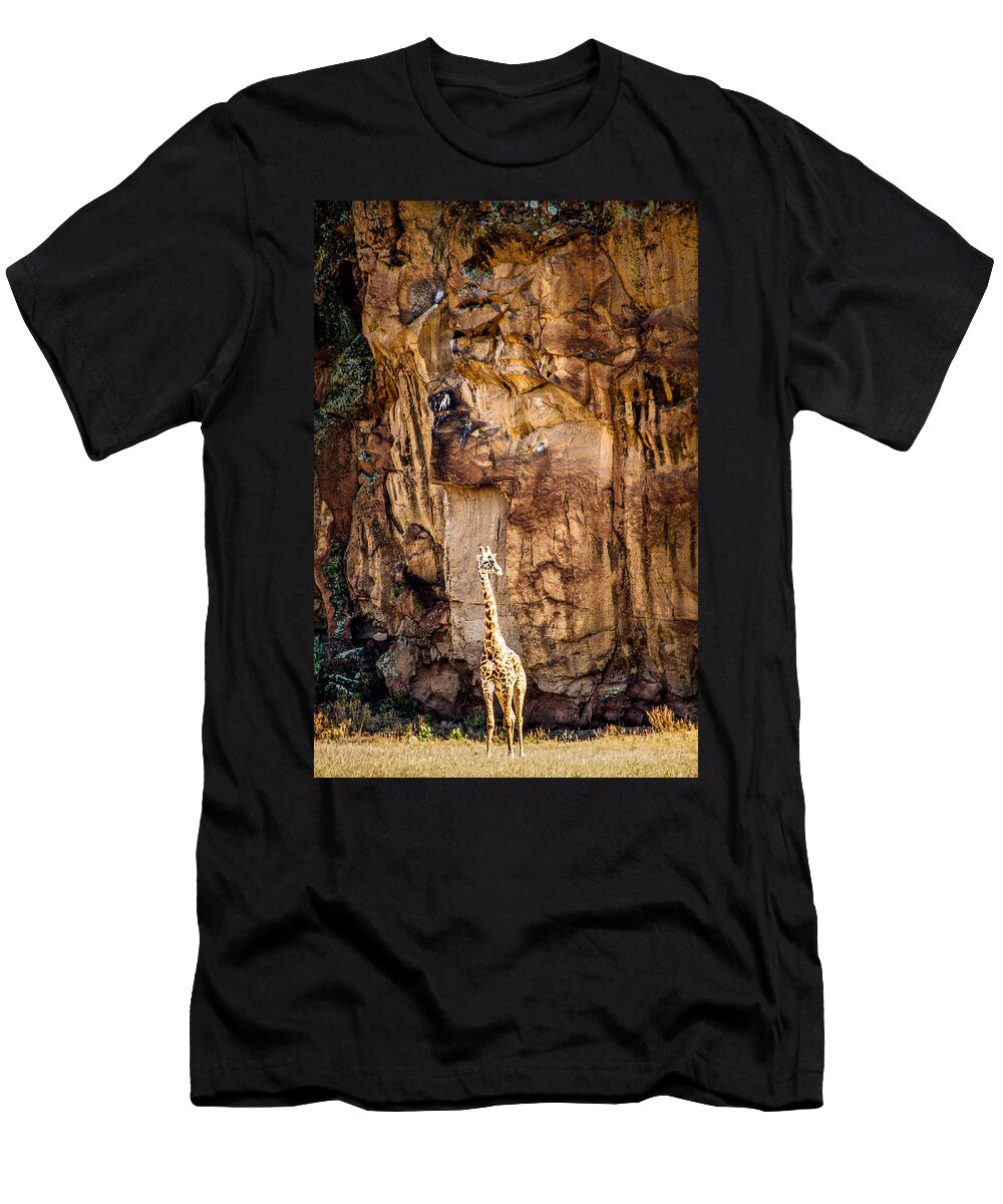 Africa T-Shirt featuring the photograph Giraffe Against The Rocks Color #1 by Mike Gaudaur