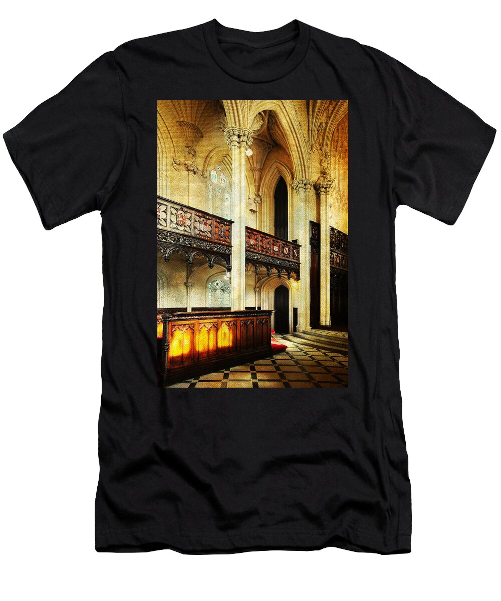 Reland T-Shirt featuring the photograph Interior of Gothic Revival Chapel. Streets of Dublin.Gothic Collection #1 by Jenny Rainbow