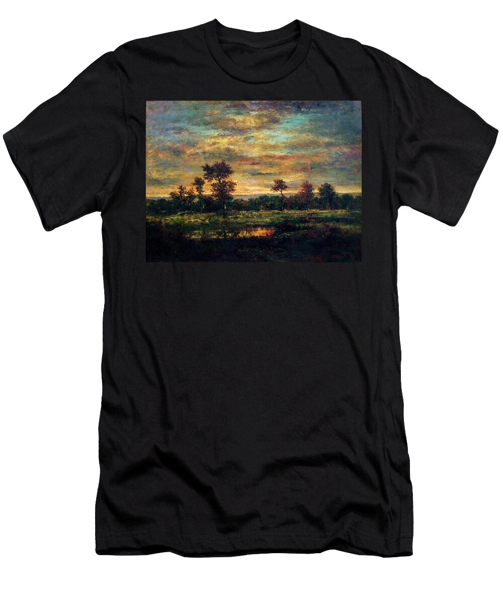 Theodore Rousseau T-Shirt featuring the painting Pond At The Edge Of A Wood #1 by Theodore Rousseau