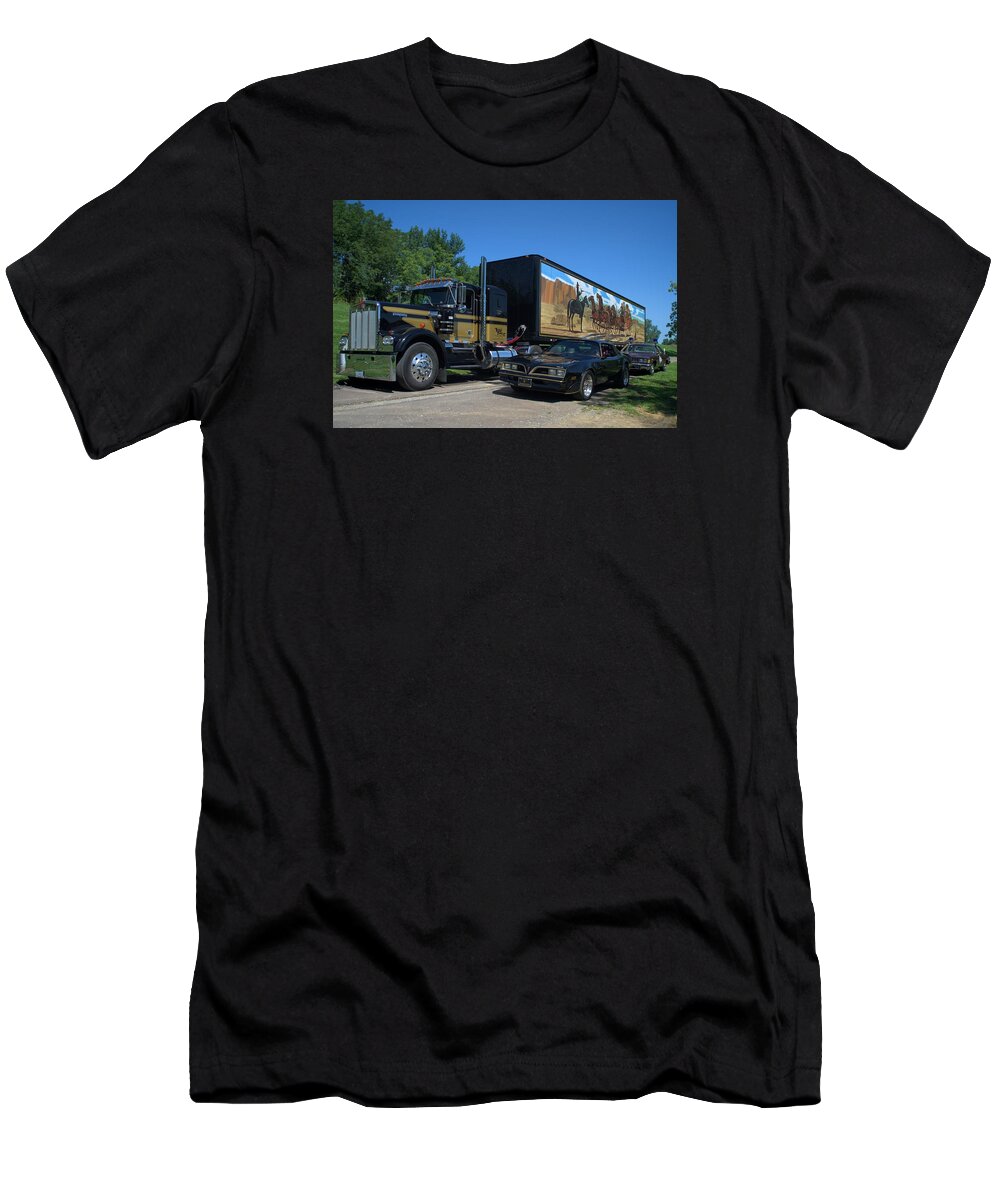 Kenworth T-Shirt featuring the photograph Smokey and the Bandit Tribute 1973 Kenworth Semi Truck and the Bandit by Tim McCullough