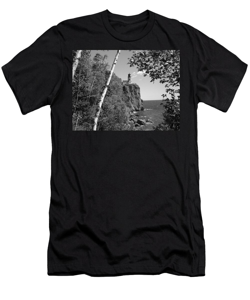 Lighthouse T-Shirt featuring the photograph Split Rock black and white by Bonfire Photography